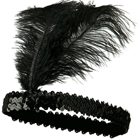 HAODUOO Hairpin Flapper-Stirnband for Damen, Strauß-Kopfbedeckung, elastischer Paillettengürtel – Schwarz