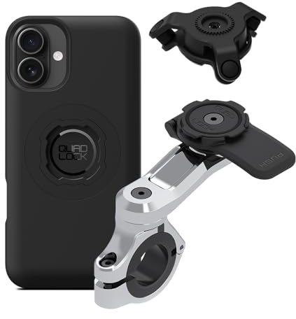 Quad Lock Motorcycle Pro Handlebar Phone Holder Chrome with Vibration Damper and MAG Case for iPhone 16 Plus
