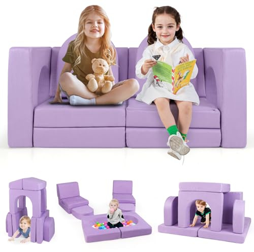 COSTWAY Sillón Infantil Convertible, Sofá Modular para Niños de 8 Piezas, Sofá Infantil con Tejido Suede Cómodo, Fundas Antienvejecimiento y Lavables a Máquina, Tumbona Plegable para Niños (Violeta)