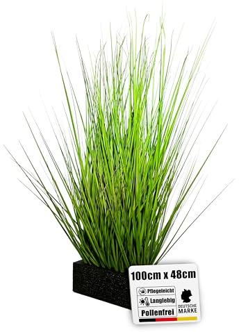Botanic-Haus künstliches Grasarrangement/künstliches Gras/Kunstgras 100 cm im schwarzen Schaumstoffsockel – Täuschend echtes Deko‑Gras als Sichtschutz & Raumteiler – Für schönes Design & Privatsphäre