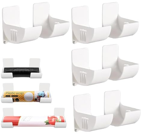 HAMKU 8 Pièces Film Alimentaire Support Rangement Porte,Adhésif Étagère Murale Avec Pour Armoire Salle De Bains Réfrigérateur Boîte D'Organisation Mur Rouleaux Cuisine,Blanc