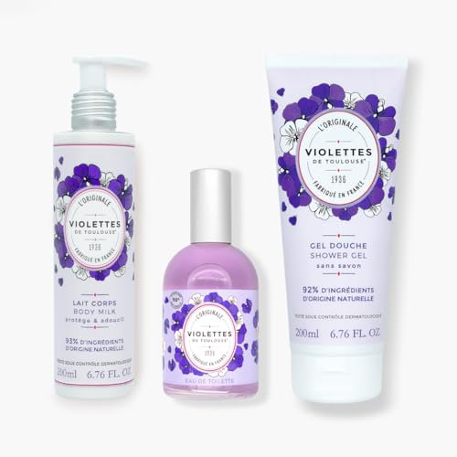 BERDOUES – Lote Eau de Toilette Violettes de Toulouse 110ml + Gel de ducha 200ml + Leche corporal 200ml – Perfume mujer y hombre, Fabricado en Francia, Fragancia floral y elegante