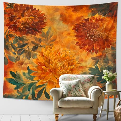 Chrysantheme Orange Floral Tapisserie, Herbstblätter, Wanddekoration, Vintage Bohemian Hanging für Wohnzimmer, Schlafzimmer, Wohnheim, 152,4 x 127,7 cm