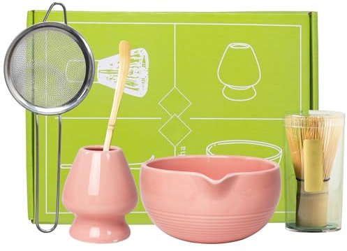 Set of 5 Matcha Tea Set with Whisk and Bowl, Matcha Whisk Set Matcha Bowl and Matcha Whisk, Scoop, Sifter, Whisk Holder(Pink)