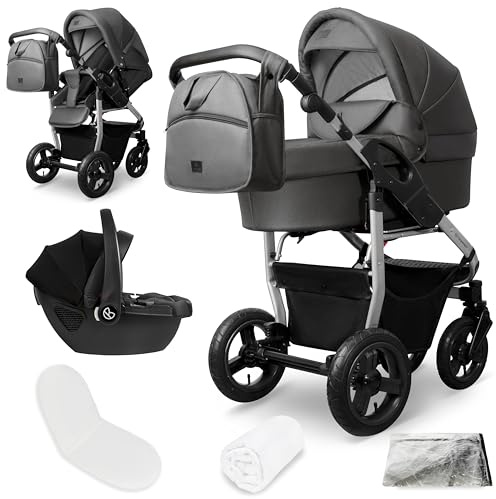 Bergsteiger Capri Kombikinderwagen 3-in-1 Babywanne Sportsitz Babyschale | Komfortables Reisesystem ab Geburt mit Luftreifen Rahmenfederung verstellbarem Griff Platzsparend faltbar und Wickeltasche