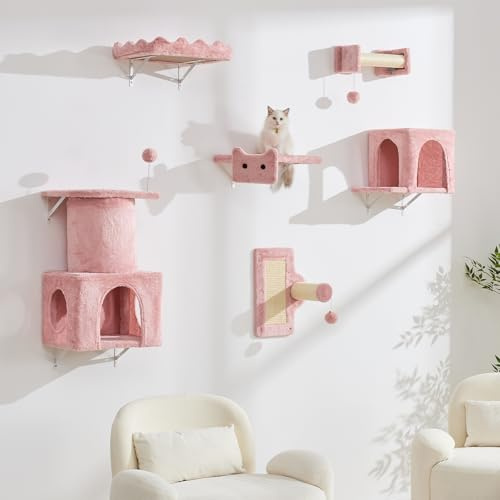 BYBYME Kratzbaum FüR Hauskatzen, 6PCS Hohe Katzen-Wandregale Mit KratzbäUmen, Betten, Brettern Und Spielzeug, Mehrstufiges KlettermöBel FüR KäTzchen, Stabile Basis FüR GroßE Katzen (Rosa)