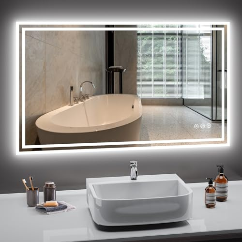 PESENXAN Badrumsspegel med belysning 100 x 60 cm, LED-spegel badrum 3 ljusfärger dimbar, anti-dimma, badrumsspegel med belysning touchströmbrytare, explosionssäkert glas