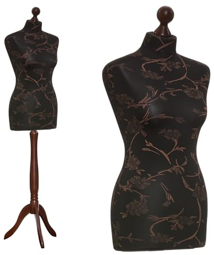 DummyDoll Schneiderpuppe weiblich in Größe 46/48, Überzug schwarz braune Blumen, Holzdreibein Nuss