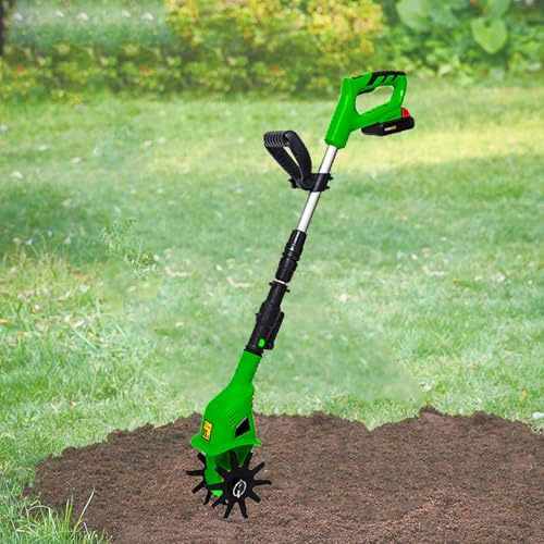BOOZXCV Small Cordless Tiller Cultivator, Electric Garden Tiller with 250 RPM, Battery Powered Garden Cultivator, Portable Handheld Electric Tiller for Lawn, Yard and Soil Cultivatio (Green)