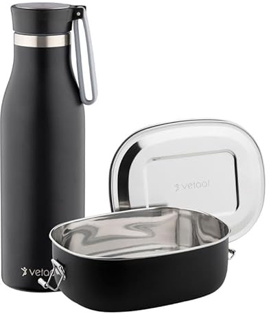vetaal Edelstahl Set aus Trinkflasche Njord 500 ml und Lunchbox Behålla | BPA Frei | geschmacksneutral | schwarz