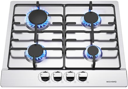 WEHIMO Gaskochfeld 4 Flammig, Edelstahl Einbau-Gaskochfeld, 59cm, 7200W, 4 Kochzonen (2700W+1750W+1750W+1000W), Domino Gaskochfeld für Propangas und Erdgas, Geeignet für Alle Töpfe