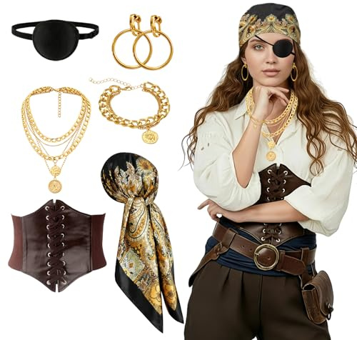 Xerteam 6 Stück Piraten Zubehör Damen Set, Piratin Kostüm Accessoires mit Kopftuch Augenklappe Taillengürtel Halskette Ohrringen & Armbändern, Mittelalter Piratenkostüm für Karneval, Halloween