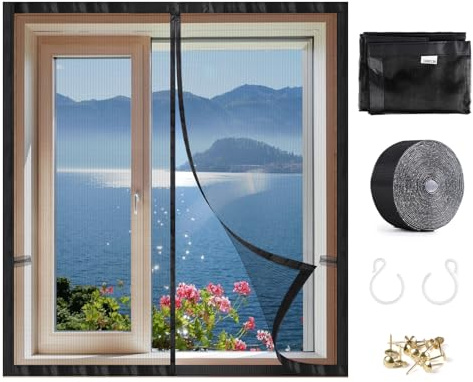 SWAWIS Mosquitera para Ventana 120x130cm de Fibra de Vidrio Marco de 4cm Doble Apertura Hacia el Exterior Mosquitera para Ventanas Adhesiva con Correa de Velcro para Prevenir Mosquitos Insectos Moscas