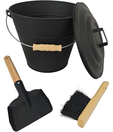 Relaxdays Cubo para Cenizas con Tapa, Escoba y Pala, 10 L, 25x30x20 cm, Negro y Natural