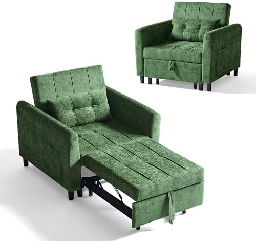 LINSY HOME 3-in-1 Schlaferstuhl, 1-Sitzer Sofa mit Schlaffunktion, Chenille Sessel Kleine mit Kissen und Seitentasche für Kleine Wohnung - Schlafbereich 74 x 190cm (Grün)