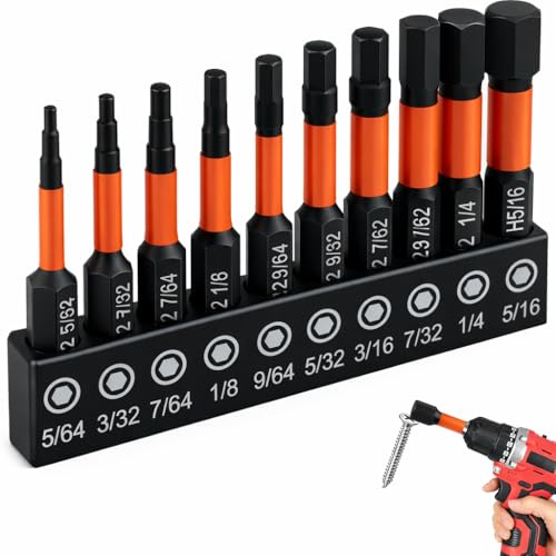10 PCS Impact Hex Head Allen Wrench Drill Bit Set, 1/4 Inch Hex Shank S2 Steel Impact Bits with Magnetic Tips, Allen Key Drill Bit Set CNC Machined Bits for Driver and Power Tools