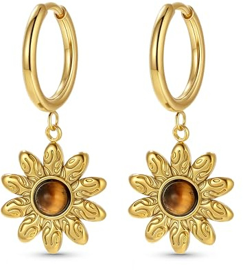 Boho Vintage Ohrringe Gold hängend Damen Creolen mit Naturstein Anhänger Hängeohrringe Klein Elegant Sonnenblume Braun Tigeraugenstein