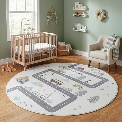 Carpetsale24 Kinderteppich Straße Spielteppich rund 120 cm für Kinderzimmer in Creme mit Fahrzeug Motiv ideal für kleine Spielecken