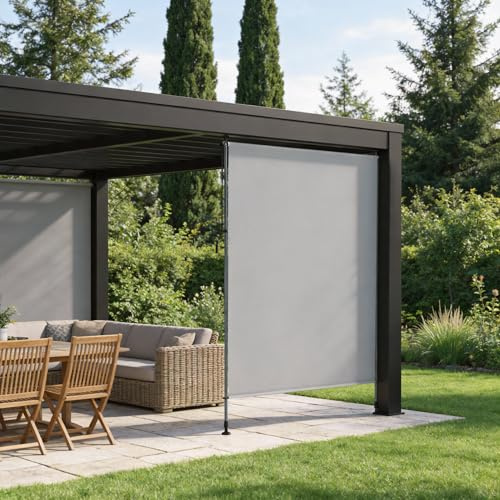 UISEBRT Klemmmarkise Senkrechtmarkise mit Handkurbel ohne Bohren,150x310 cm Vertikalmarkise Ausziehbar & Blickdicht & Wasserfest,Sonnenrollo Sichtschutz Sonnenschutz Windschutz,Hellgrau