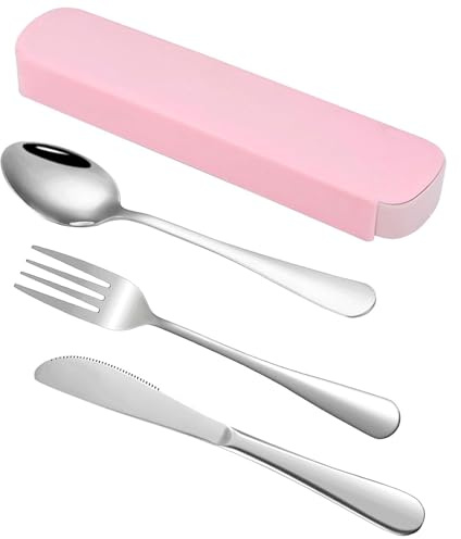 3 PCS Portable Travel Cutlery Set – Stainless Steel Knife Fork Spoon with Carry Case – Reusable Metal Utensils for Work Lunch Office Picnic Camping 1 Person