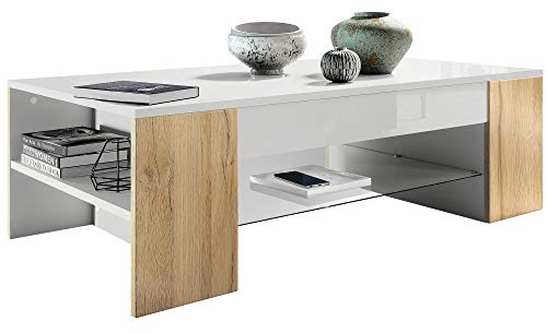 Vladon Table de Salon Clip, Table d’appoint avec 2 Compartiments latéraux et 1 Plaque de Verre, Blanc Mat/Chêne Nature (118 x 37 x 60 cm)