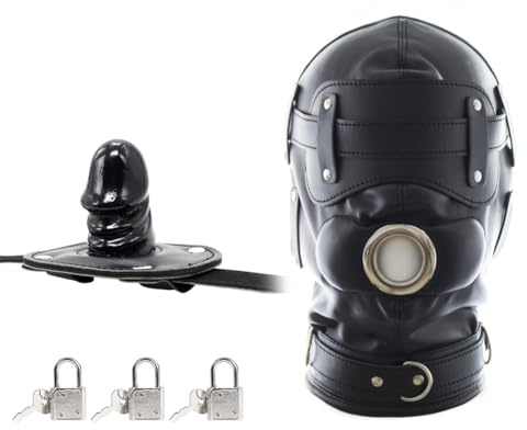 FST Black PU Leather Bondage Mask Hood, Full Face Blinder Detachable Cover Eye Dildo Mouth Gag Head Hood, for Unisex Adult Play LGBT Hood