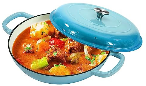 COOKWIN Cast Iron Casserole Braiser, 3.8 L,Heavy Duty Casserole Skillet with Lid and Dual Handles, Porcelain Enameled Surface Cookware Pot, Mother's Day Gifts for Family Light Blue