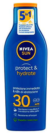 NIVEA SUN Protect & Hydrate SPF 30 200 ml, Crema solare 30 idratante 48h ad assorbimento rapido, Protezione solare 30 resistente all'acqua arricchita con Vitamina C e Acido Ialuronico