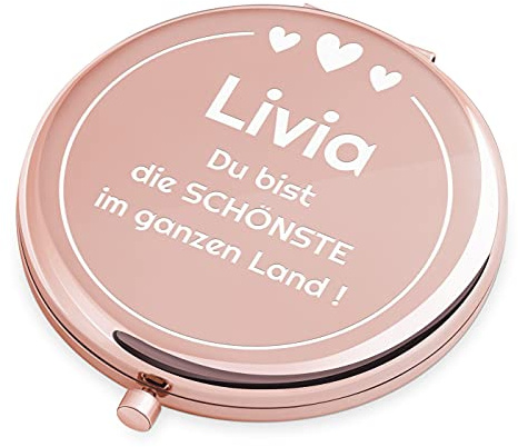 Maverton Klappspiegel mit Gravur - Rosegold - Schminkspiegel mit Vergrößerung - personalisierter Make up Kosmetikspiegel - Reisespiegel für Handtaschen - Geschenke für Frauen - Spiegel rund