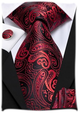 Hi-Tie Herren Seiden Krawatte Set Rote Paisley Jacquard Krawatte mit Einstecktuch Manschettenknöpfe Für Hochzeit