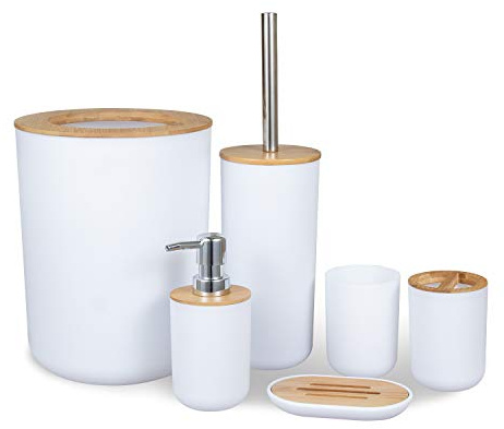MissFox Set di 6 Accessori da Bagno in Bambù, Accessori Bagno Set in bambù con Dispenser Sapone, Pattumiera, Portaspazzolino, Tazza da Denti, Spazzolino da Toilette e Portasapone, Bianco