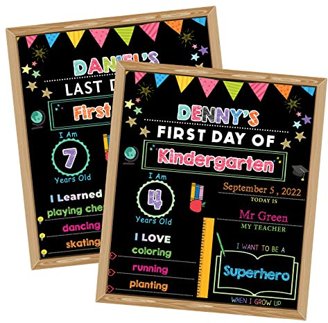 SpringFlower First & Last Day of School Chalkboard Sign with Solid Wooden Framed, Back to School Sign for Kindergarten/Pre-K, Reusable Double-Sided Photo Prop for Boys/Girls/Kids,11 * 14 Inches