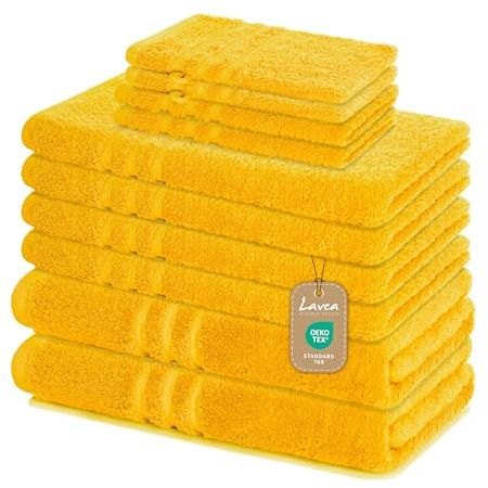 Lavea® Lyxiga & Mjuka Badhandduksset 10 delar – 100% Frotté av Bomull – 4 Handdukar, 2 Badlakan, 2 Gästhanddukar, 2 Tvättlappar – för Hem, Hotell och Spa – Rapsgul