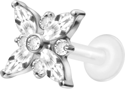 PIERCINGLINE PTFE Labret mit Gewinde Titan Aufsatz KRISTALL STERN Piercing Nase Ohr Helix Tragus Lippe Medusa Silberfarben 1,2 x 8 mm