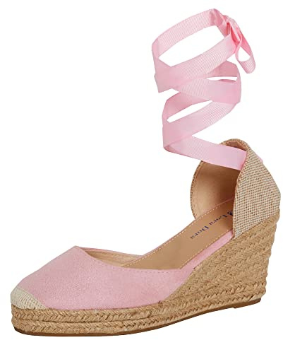 Lora Dora Donne Espadrille Zeppa Sandali Donne Strappy Zeppa in Iuta Scarpe Estive Cinturini alla Caviglia, Rosa, 38 EU