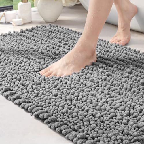 DEXI Badezimmerteppich 50 x 80 cm,Chenille Badematte rutschfest,weicher Badvorleger Maschinenwaschbar,Super absorbierend Badteppich für Badewanne,Dusche und Badezimmer, Grau