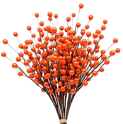 Mauts 10 Pcs Artificial Holly Berries, autumn decoration thanksgiving Christmas Tree Flower Wreath DIY Craft, suitable for family holiday wedding DIY decoration. (Orange)