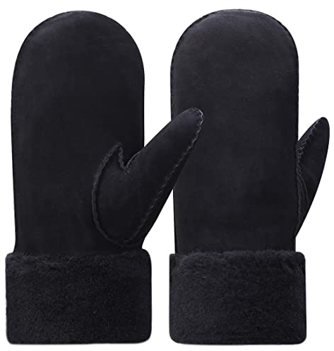 Harssidanzar Damen beheizte Schaffell Leder Fäustlinge Schwarz L KL024EU