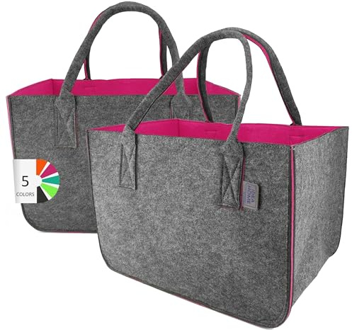 IDEA HOME Filztasche Valencia Shopper 2 Stücke Groß-30 Liter Einkaufstasche XXL Zusammenklappbar Einkaufskorb Kaminholztasche Kleiderkorb Spielzeugtasche Dunkelgrau/Himbeerfarbe, XL