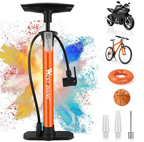 Fahrradpumpe Luftpumpe Fahrrad für alle Ventile - 11 Bar / 160 Psi Standluftpumpe - Standpumpe für Rennrad, E-Bike, Mountainbike - Fahrrad Pumpe für Französische Ventile und Adapter (Orange)