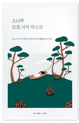 ROUND LAB Pine Calming Cica Sheet Mask 10ea, Cooling and Soothing Mask for Heated, Acne-Prone Skin, Double-Waved Air Hole Design for Extra Hydration with Pine Cica and Hyaluronic Acid, Korean Skincare