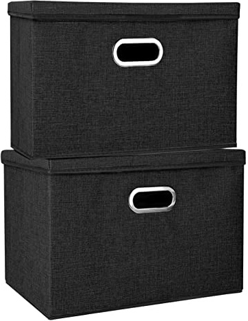 Youyijia 2 Pack Storage Boxes with Lids 45x30x30cm Large Collapsible Storage Cube for Shelves Foldable Linen Fabric Storage Boxes for Homes & Offices(Black)