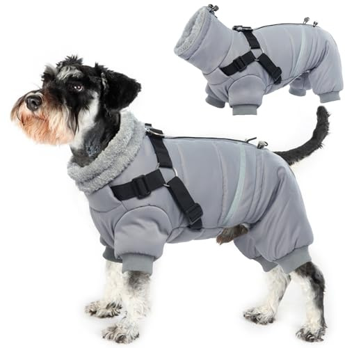 Wintermantel Mit Geschirr für Hunde - Reflektierende Wasserdichte Winterjacke, Thermomantel, Winddichte Warme Fleece Weste, Hundeanzug, Winter Pyjama (Grau, L)