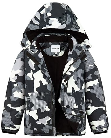UMMTOM Boys Waterproof Ski Jacket Fleece Lined Warm Winter Snow Coat Hooded Winter Jacket for Kids(Camo Black,5-6)