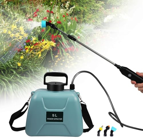 Druckluftpumpe,5L Elektrischer Pflanzensprüher, Drucksprüher Gartensprüher Sprühlanze mit 3 Düsen, USB-aufladbarem Griff und Teleskopstab, Gartenspritze, Unkrautspritze mit Verstellbarem Schultergurt