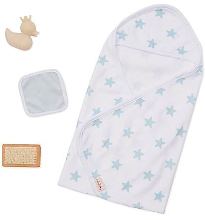 LullaBaby Badezeit-Outfit mit Kapuzenbadetuch und blauem Sternmuster | Puppenzubehör für die Badezeit mit Kapuzenbadetuch, Waschlappen, Bürste und Badeente, für Kinder, Blaues Badeoutfit, 2+ Jahre