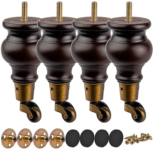 TCHOSUZ Patas de madera para muebles de 14 cm con ruedas, paquete de 4 patas redondas clásicas de madera maciza de nogal para proyectos de bricolaje, sofá, armario, elevador de cama otomana