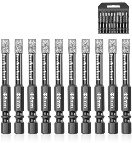 Diamond Drill Bits,NOEAIKE 10-Pack 1/4(6mm) Dry Diamond Core Drill Bit Set for Ceramic,Granite,Tile,Glass,Marble,Brick,Stone with 1/4 Hex Shank