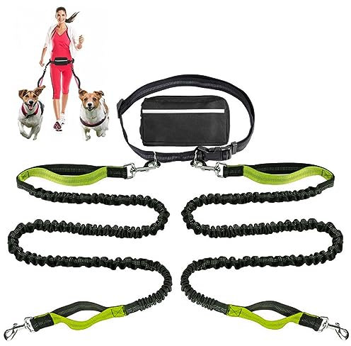 Retractable Hände Frei Hundeleine Mit Dual Bungees Für 2 Hunde, Verstellbare Gürtel Gürteltasche Für Running Walking Wandern Jogging Biking (Color : Green)