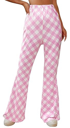 EVELUST 70-tals utsvängda byxor för kvinnor – boho, 60-tals byxor, hippie, blommor, hög midja, outfit, discokostym, yogabyxor, leggings, Rosa pläd baabie, L